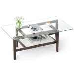 Giantex table basse rectangulaire  2 niveaux en verre tremp pieds en bois de caoutchouc table de salon ...