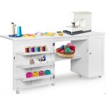 Giantex table de couture pliante pour machine � coudre - bureau avec roulettes - 4 �tag�res de rangement ...