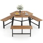 Giantex table de pique - nique pour 6 personnes table en bois dacacia avec trou pour parasol et 3 bancs ...
