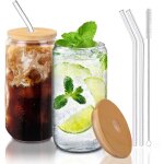 Gobelet � eau en verre de 500 ml? avec couvercle en bambou 2 pailles et 1 pinceau pour caf�?smoothies?cocktail ...