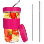 Gobelet en verre - pzcc - pot mason - 2 couvercles - pailles - rose rouge