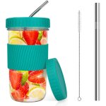 Gobelet en verre - pzcc - pot mason - 2 couvercles - pailles - vert profond