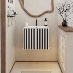 Goobuy meuble salle de bain 60cm meuble suspendu avec lavabo en c�ramique poign�e cach�e motif de ligne ...