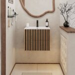 Goobuy meuble salle de bain 60cm meuble suspendu avec lavabo en c�ramique poign�e cach�e motif de ligne ...