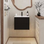 Goobuy meuble salle de bain 60cm meuble suspendu avec lavabo en c�ramique poign�e cach�e motif de ligne ...