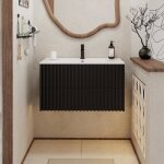 Goobuy meuble salle de bain 90cm meuble suspendu avec lavabo en c�ramique poign�e cach�e motif de ligne ...