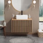 Goobuy meuble salle de bain meuble suspendu 81cm avec vasque � poser lavabo en c�ramique motif de ligne ...