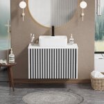 Goobuy meuble salle de bain meuble suspendu 81cm avec vasque � poser lavabo en c�ramique motif de ligne ...