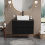 Goobuy meuble salle de bain meuble suspendu 81cm avec vasque � poser lavabo en c�ramique motif de ligne ...