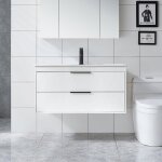 Goobuy meuble sous lavabo suspendu 90cm avec lavabo en cramique robinet 2 tiroirs style ligne scandinave ...