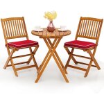 Goplus 3pcs salon de jardin pliant - 2 chaises + 1 table + 2 coussins en bois dacacia - table et chaise ...