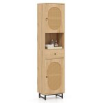 Goplus armoire de salle de bain haute 170�cm en rotin pe avec 2 portes compartiment et tiroir etag�res ...