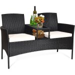Goplus banc de jardin en rotin � 2 places avec 1 table basse en verre tremp� - coussins et dossier ergonomique ...