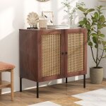 Goplus buffet � 2 portes en rotin artificiel - commode de cuisine avec etag�re r�glable - meuble de rangement ...