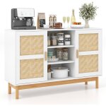 Goplus buffet bas de cuisine - 3 etag�res ouvertes et 2 armoires lat�rales - 2 portes tress�es en bambou ...