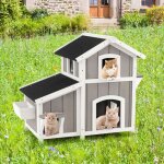 Goplus cage pour chats  2 tages maison pour chats en bois avec toit en asphalte portes dvasion rideaux ...