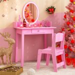 Goplus coiffeuse de maquillage pour enfants avec miroir �clair� et chaise rose