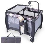 Goplus lit parapluie b�b� pliable portable 3 fonctions grande volume jouets roues avec freinbo�te � musiquegri ...