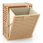 Goplus meuble � linge inclinable avec panier pliable et amovible corbeille � linge en bambou avec rangement ...