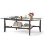 Goplus table basse rectangulaire en verre trempé à 2 niveaux avec Étagère de rangement - pieds en bois ... Goplus table basse rectangulaire en verre trempé à 2 niveaux avec Étagère de rangement - pieds en bois ...