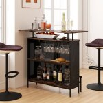 Goplus table cuisine avec cadre mtallique - tagre ouverte / 6 supports pour vin - table bar avec repose ...
