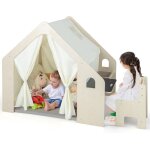 Goplus 6 en 1 tente d?activit� en bois pour enfants 2 - 6 ans avec tableau noir table chaise bac tapis ...