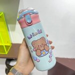 Gourde bouteille deau thermos portable avec paille pour enfant tasse thermique en acier inoxydablebleu ...