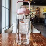 Gourde deau potable 2l gourde de sport gourde avec paille gourde avec marquage du temps rose transparent ...