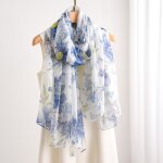 Grand foulard foulard de soie de simulation - bleu frais pivoine et blanc