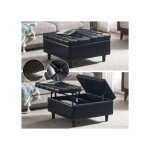 Grand pouf de rangement carr� en pu noir banc relevable avec espace de stockage rembourr� id�al pour ...
