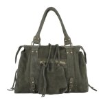 Grand sac bowling femme - cuir v�ritable su�d� - sac cabas a4 cours lyc�e - kaki