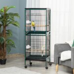 Grande cage � oiseaux sur pied double avec mangeoires perchoirs plateau amovible roulettes - dim. 515l ...