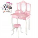 Grande coiffeuse en bois rose pour enfant avec triple miroir tabouret et stickers (gs3303)