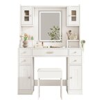 Grande coiffeuse avec miroir et tabouret �clairage led r�glable et prises blanche moderne 6 tiroirs 4 ...