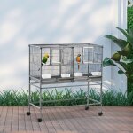 Grande voli�re cage � oiseaux avec s�paration mangeoire perchoir 95 x 45 5 x 102 cm noir et gris