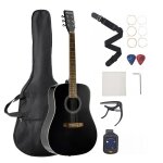 Guitare acoustique dreadnought 6 cordes - vevor - 103 cm - table en �pic�a massif noir - avec sac � dos ...