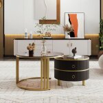 Gutent table basse ronde 2 en 1 avec 1 plateau blanc et 1 plateau marron en verre tremp avec tiroir ...