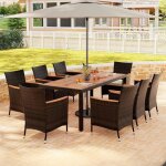 Gymax ensemble de salons de jardin 8 personnnes 1 table en bois et 8 chaises en rotin trou de parapluie ...