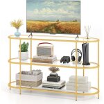 Gymax meuble tv en verre tremp� 3 �tag�res cadre m�tallique pieds r�glables �tag�re de rangement moderne ...