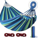 Hamac suspendu camping / jardin 2 personnes 275 x 155 cm - barre bois anti - basculement bleu 250 kg ...