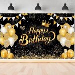 Happy birthday bannire de toile de fond 185 x115cm bannire de fond danniversairenoir et or bannire ...