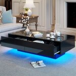 Table basse moderne2 tiroirs rangement et ledtable dappoint rectangulaire salon115x55x34 cm noir brillant ...