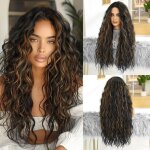 Henf - longue noire avec des reflets bruns ondul perruques pour les femmes noires cheveux synthtiques ...