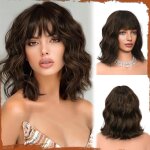 Henf - perruque courte ondule 30 cm avec frange cheveux synthtiques surbrillance marron pour femme ...