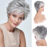 Henf - perruque grise courte femme blanche pixie coupe perruque frange cheveux synthtiques naturels ...