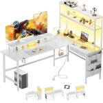 Hlonone table de jeu led de 170cmtable dangle en l avec tiroirs et sacs de rangement prise �lectrique ...