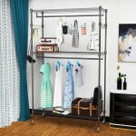 Homdox portant double avec tagres rglables portant avec 2 crochets rails  vtements avec roues 90x42x205cm ...
