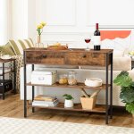 Table console - hoobro - extensible - marron rustique - 2 tiroirs - style industriel