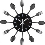 Horloge de cuisine effet miroir avec cuill�re fourchette autocollant amovible en 3d pour la d�coration ...