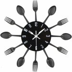 Horloge murale 3d cuisine moderne avec couverts cuillre et fourchette dcoration miroir noir
